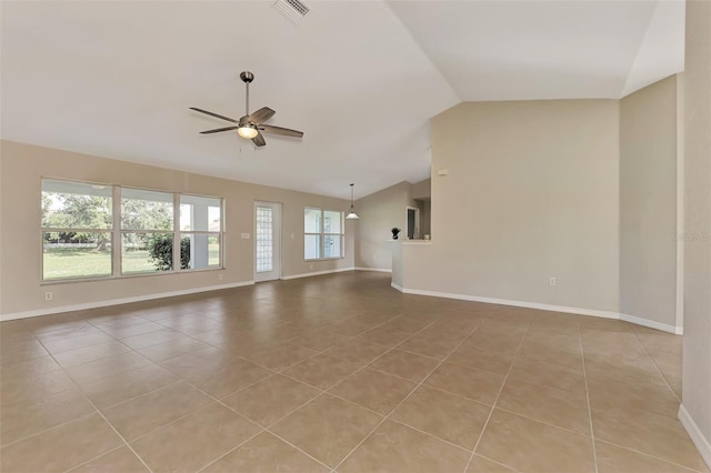 unfurnished living room with light tile patterned flooring, ceiling fan, and vaulted ceiling