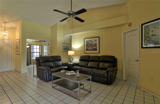 tiled living room with vaulted ceiling and ceiling fan