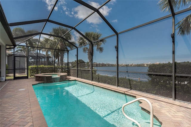 view of swimming pool featuring a water view, a patio area, and glass enclosure