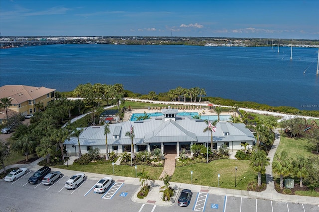 drone / aerial view with a water view