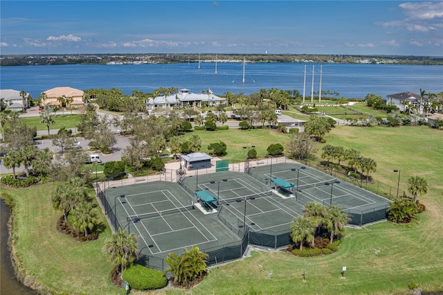 drone / aerial view with a water view