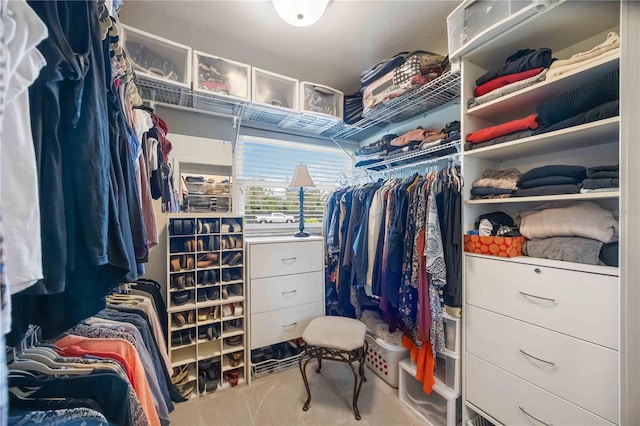 walk in closet featuring light colored carpet