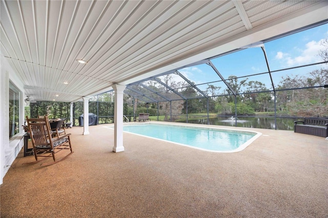 view of pool featuring area for grilling, pool water feature, glass enclosure, a water view, and a patio area