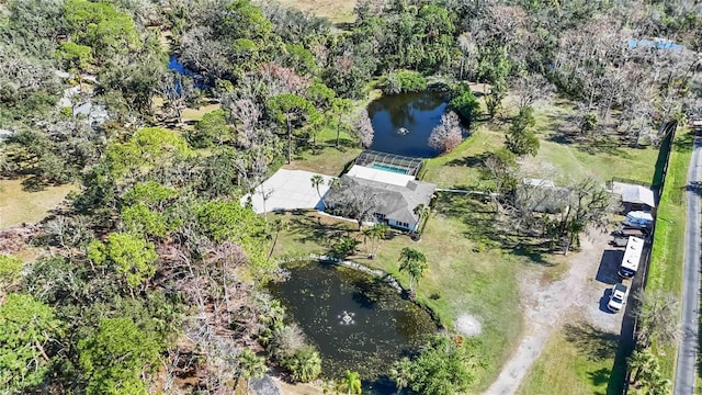 bird's eye view with a water view