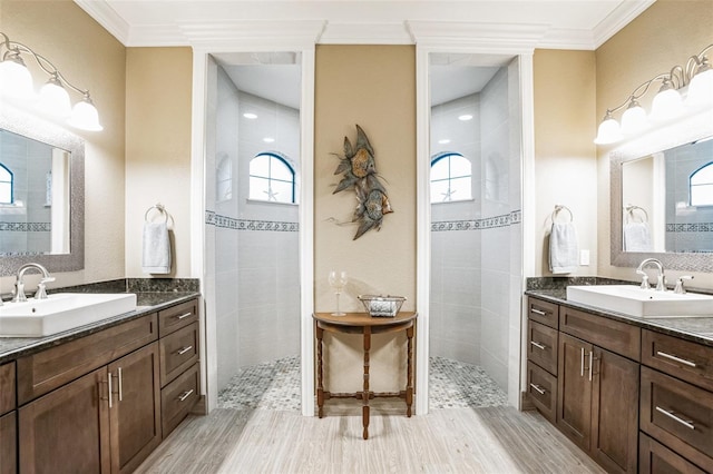 full bath featuring ornamental molding, walk in shower, and a sink