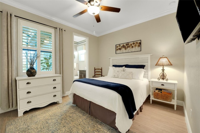 bedroom with light wood finished floors, baseboards, connected bathroom, ceiling fan, and ornamental molding