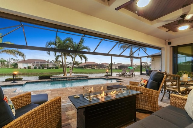 interior space featuring ceiling fan and a residential view