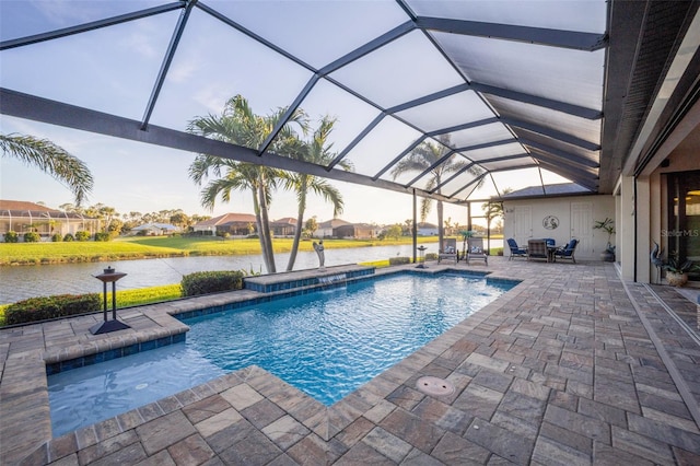 outdoor pool featuring a patio, a water view, and a lanai