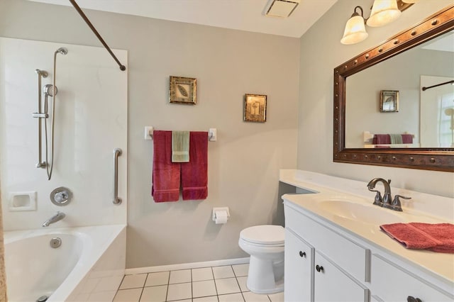 full bathroom featuring vanity, tile patterned floors, washtub / shower combination, and toilet