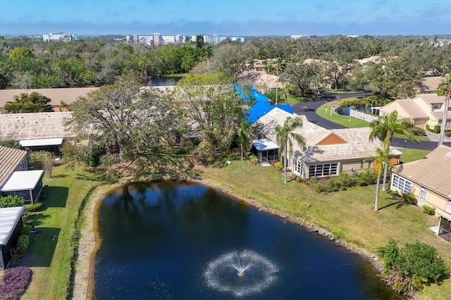 drone / aerial view featuring a water view