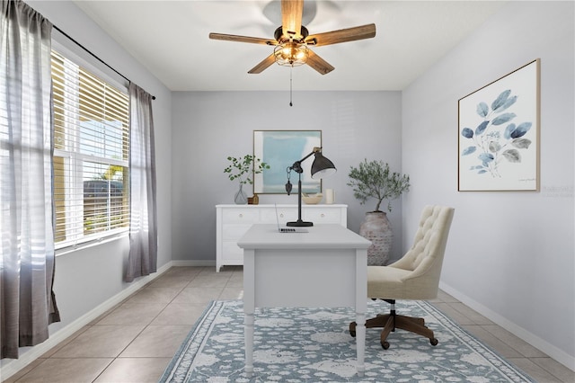 tiled office with ceiling fan