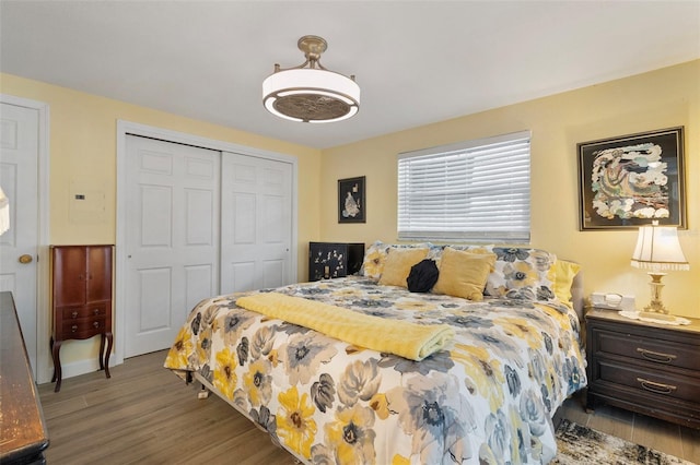 bedroom with hardwood / wood-style floors and a closet