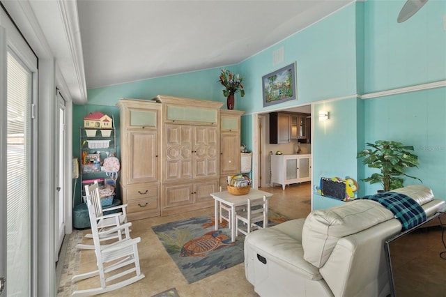 living room with lofted ceiling