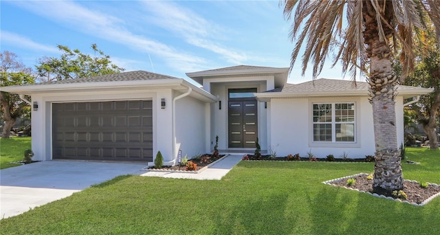 view of front of property featuring a shingled roof, concrete driveway, a front yard, stucco siding, and a garage