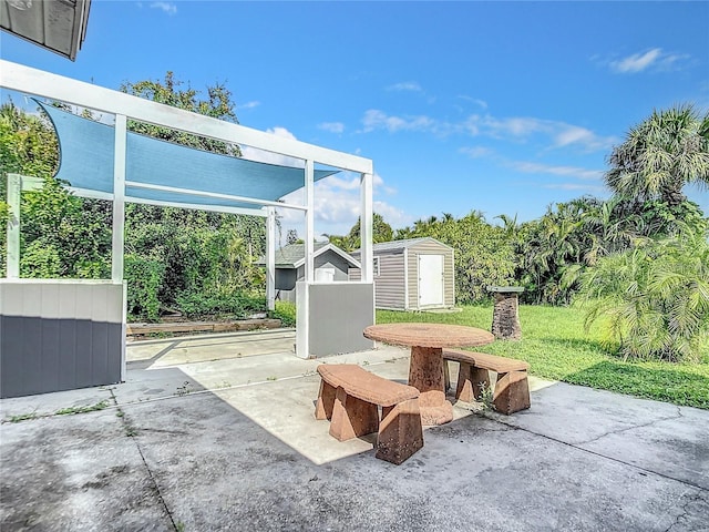 view of patio / terrace featuring a storage shed