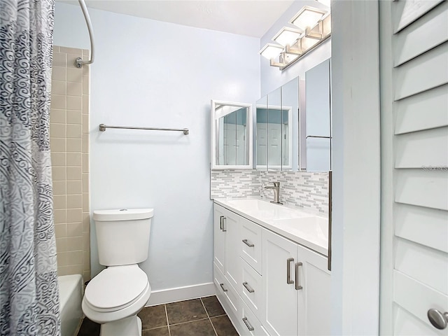 full bathroom featuring shower / tub combo with curtain, toilet, vanity, tile patterned flooring, and decorative backsplash