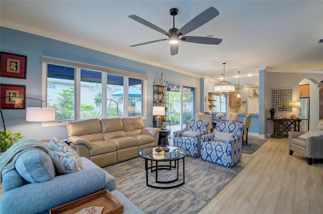 living room with ceiling fan with notable chandelier, light hardwood / wood-style flooring, and ornamental molding