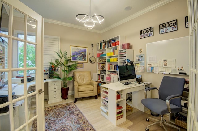 office with crown molding, an inviting chandelier, french doors, and light wood-type flooring