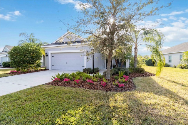 single story home with an attached garage, driveway, a front lawn, and stucco siding