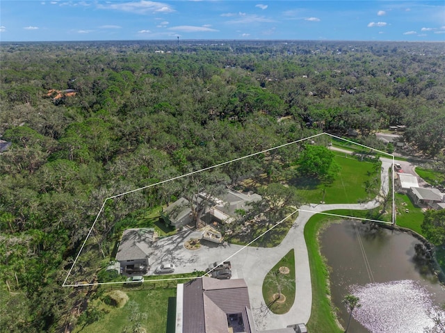 bird's eye view with a water view and a forest view