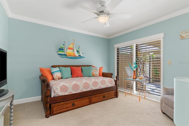 bedroom featuring light carpet, crown molding, access to outside, and ceiling fan