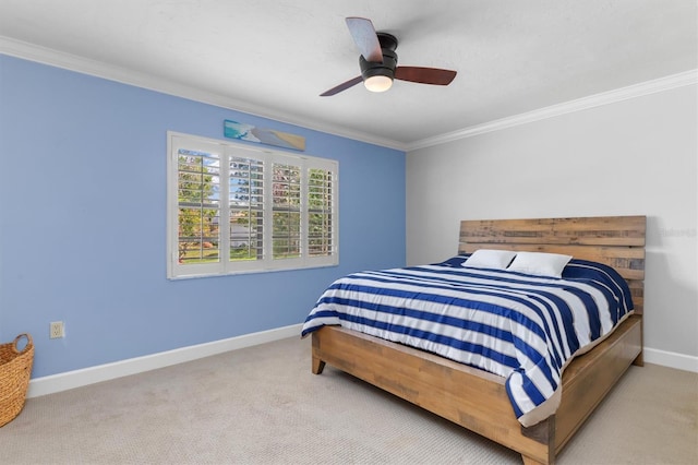 bedroom featuring ornamental molding and light carpet