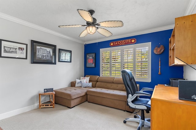 carpeted office space with ornamental molding, a textured ceiling, and ceiling fan