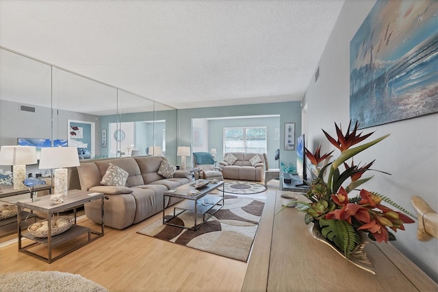 living room with light hardwood / wood-style floors and a textured ceiling