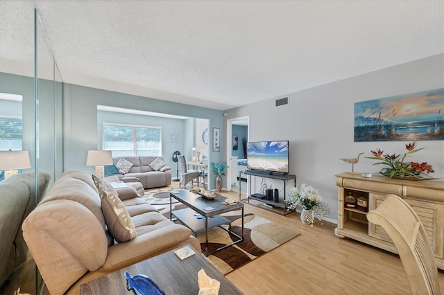 living room featuring hardwood / wood-style floors and a textured ceiling