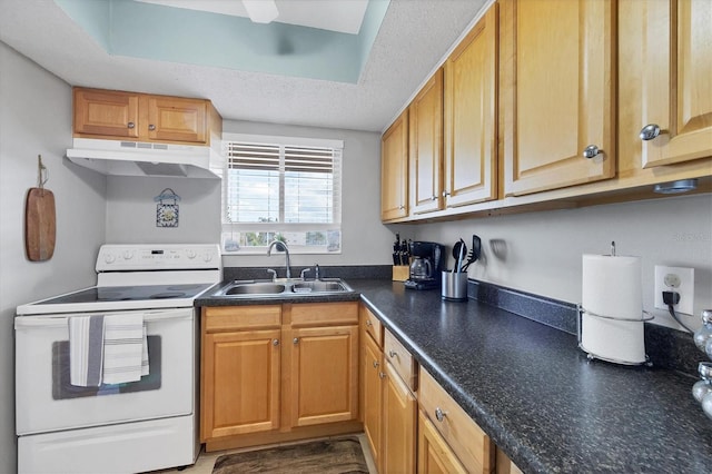 kitchen featuring electric stove, sink, and a textured ceiling