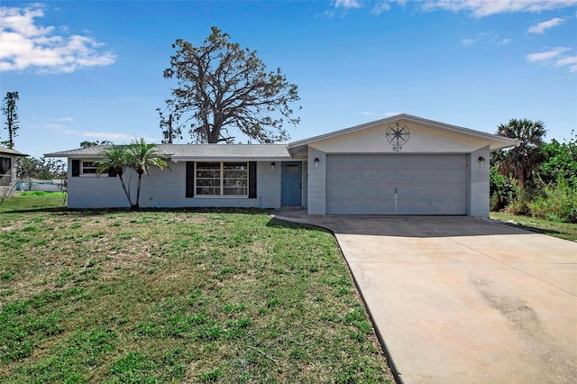 ranch-style home featuring a garage and a front yard