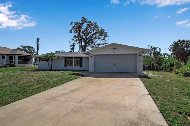 ranch-style home featuring a garage and a front yard