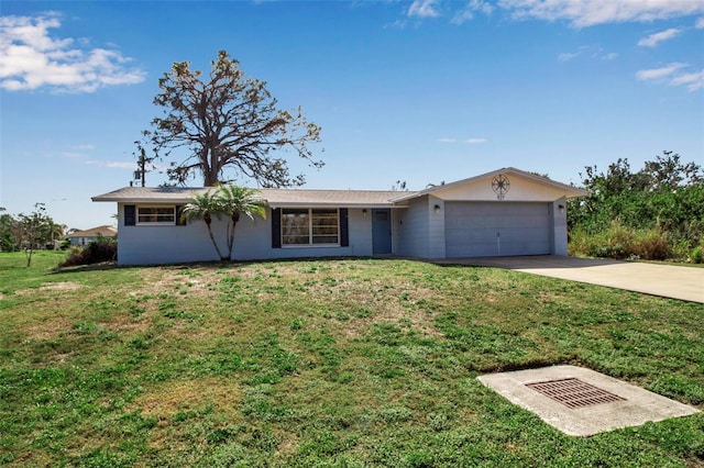 single story home with a garage and a front lawn