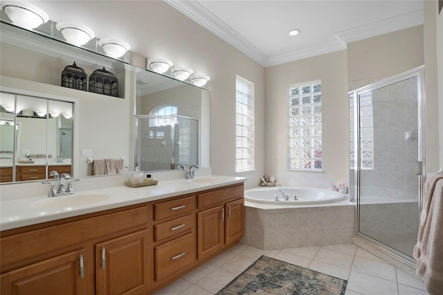 bathroom featuring ornamental molding, independent shower and bath, and tile patterned flooring