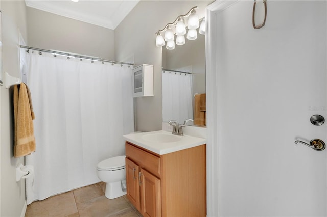 bathroom with ornamental molding, tile patterned floors, toilet, and vanity