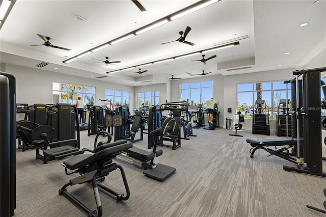 exercise room with visible vents and light colored carpet