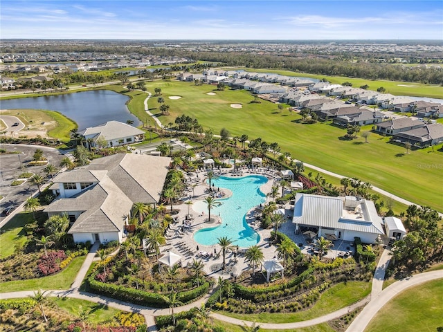 aerial view with a water view and a residential view