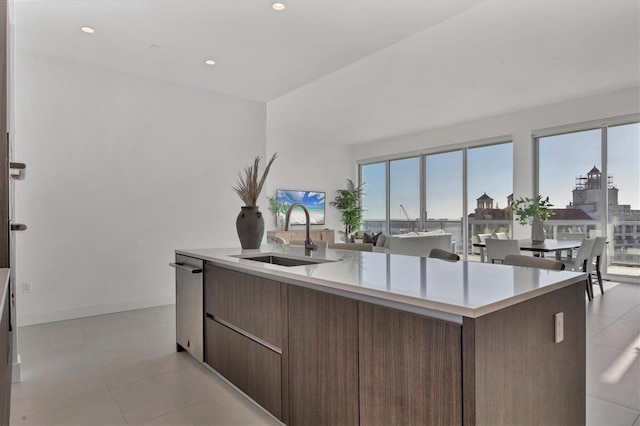 kitchen with plenty of natural light, sink, a kitchen island with sink, and dark brown cabinets