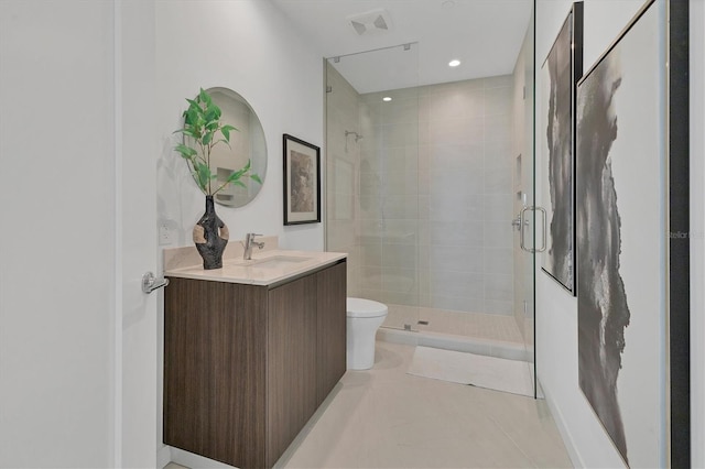 bathroom with vanity, an enclosed shower, tile patterned floors, and toilet