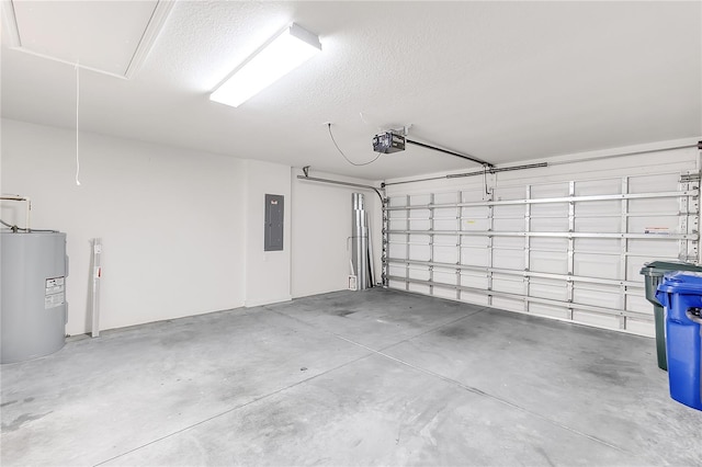 garage with a garage door opener, electric panel, and water heater