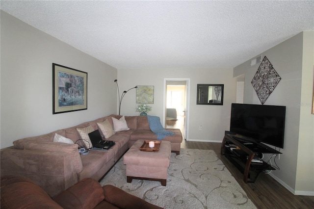 living room featuring wood-type flooring and a textured ceiling