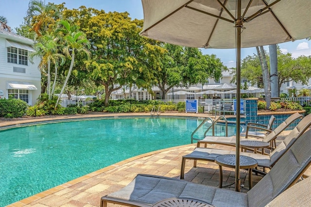 community pool featuring a patio and fence