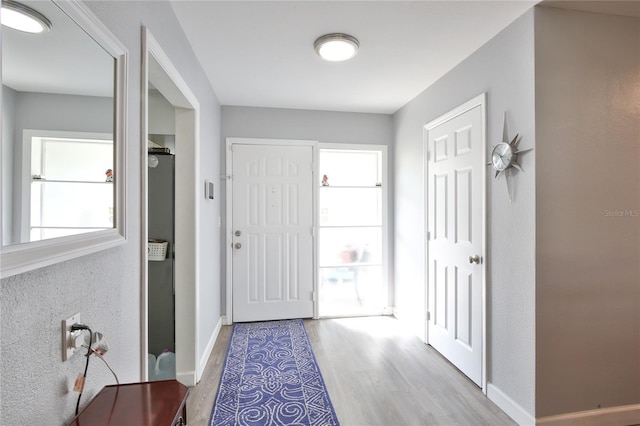 entryway with baseboards and wood finished floors