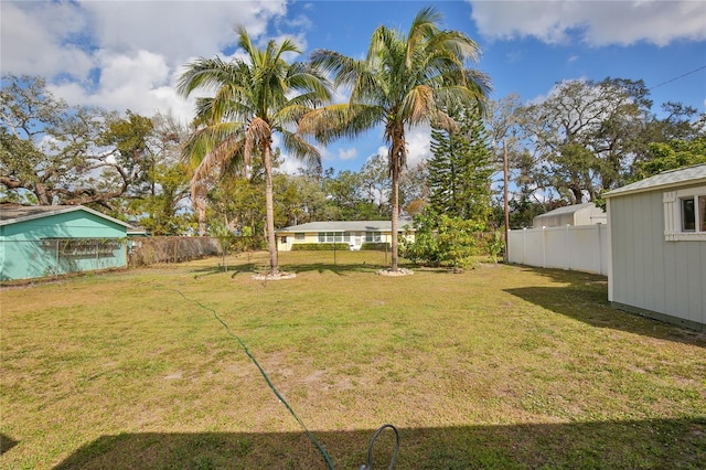 view of yard with an outbuilding and a fenced backyard