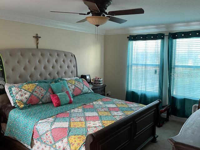 carpeted bedroom featuring ornamental molding and ceiling fan