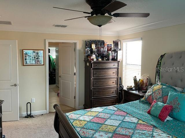 carpeted bedroom with ornamental molding and ceiling fan