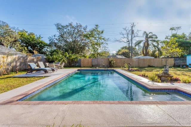 view of pool featuring a patio and a yard