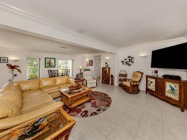 living area featuring visible vents, ornamental molding, and light tile patterned flooring