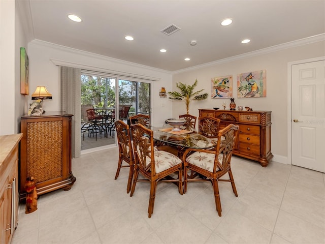 dining area featuring ornamental molding, recessed lighting, and visible vents