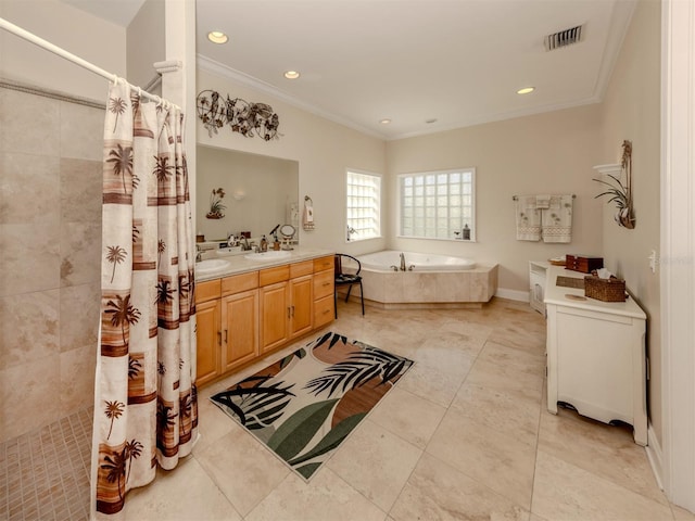 bathroom with a walk in shower, a sink, visible vents, a bath, and crown molding